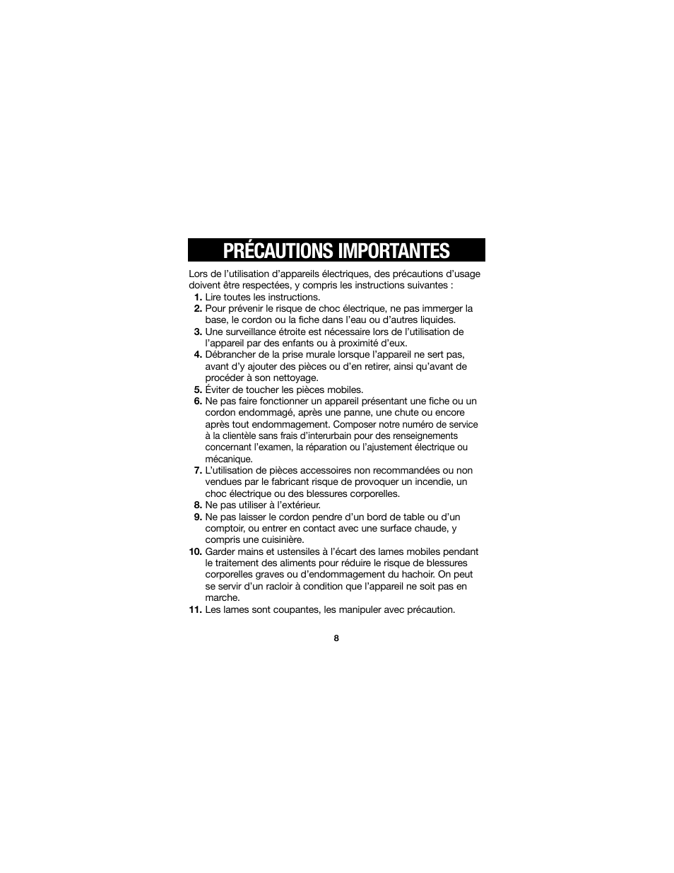 Précautions importantes | Proctor-Silex Food Chopper (black)-72507 User Manual | Page 8 / 24