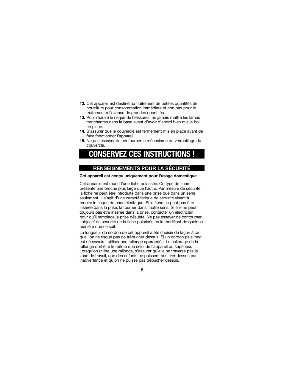 Conservez ces instructions | Proctor-Silex Food Chopper (black)-72507 User Manual | Page 9 / 24