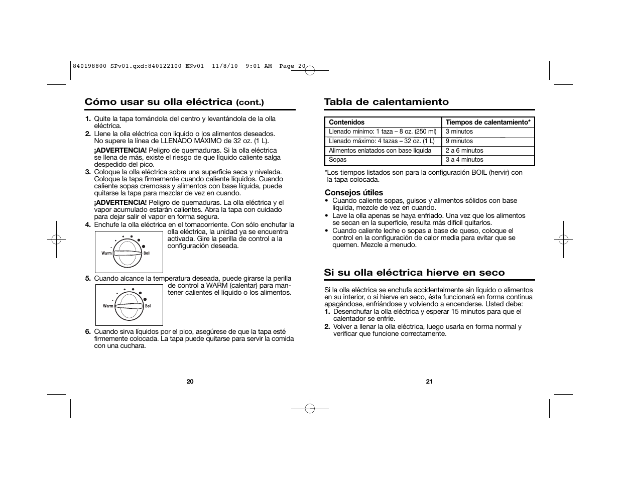 Tabla de calentamiento, Si su olla eléctrica hierve en seco, Cómo usar su olla eléctrica | Proctor-Silex 32 Oz. Electric Hot Pot-45805 User Manual | Page 13 / 17