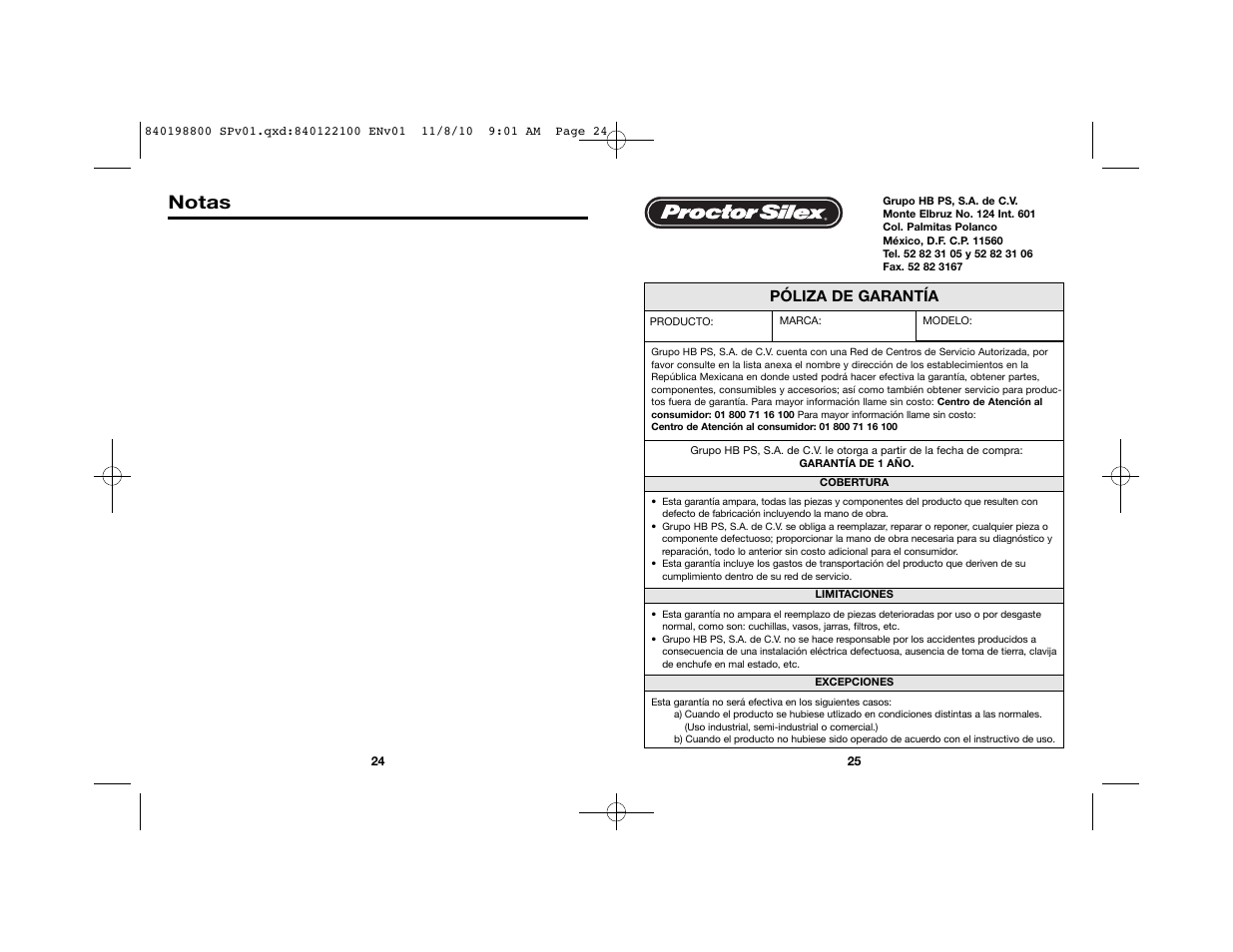 Notas, Póliza de garantía | Proctor-Silex 32 Oz. Electric Hot Pot-45805 User Manual | Page 15 / 17