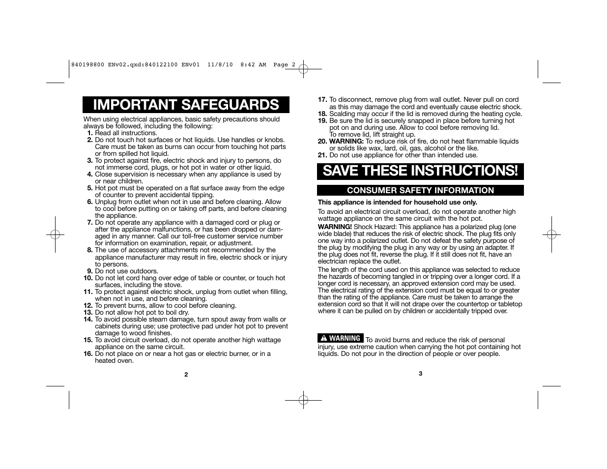 Important safeguards, Save these instructions | Proctor-Silex 32 Oz. Electric Hot Pot-45805 User Manual | Page 2 / 17