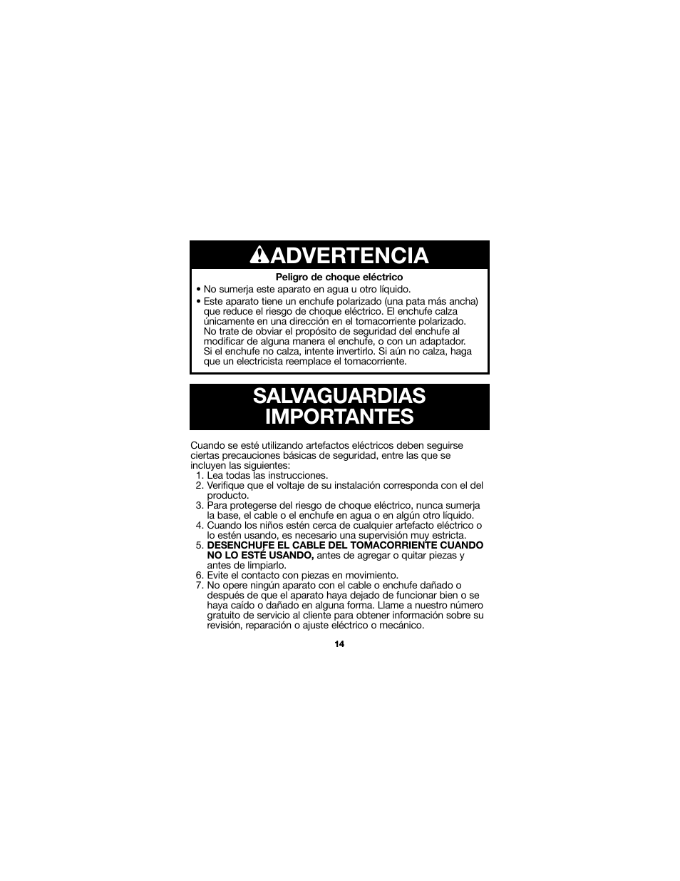 Wadvertencia, Salvaguardias importantes | Proctor-Silex Juici 34 Oz. Electric Citrus Juicer-66332RY User Manual | Page 14 / 24
