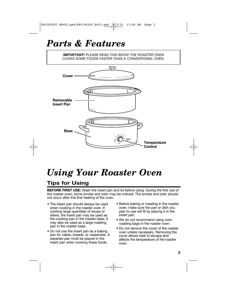Parts & features, Using your roaster oven, Tips for using | Proctor-Silex 6 1/2 Quart Roaster Oven-32700Y User Manual | Page 3 / 24
