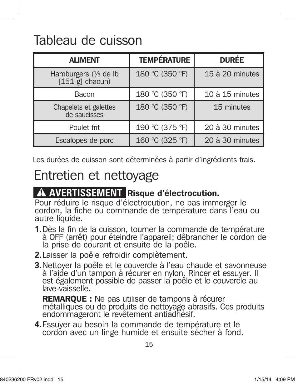 Entretien et nettoyage tableau de cuisson, Wavertissement | Proctor-Silex Electric Skillet-38526 User Manual | Page 15 / 28
