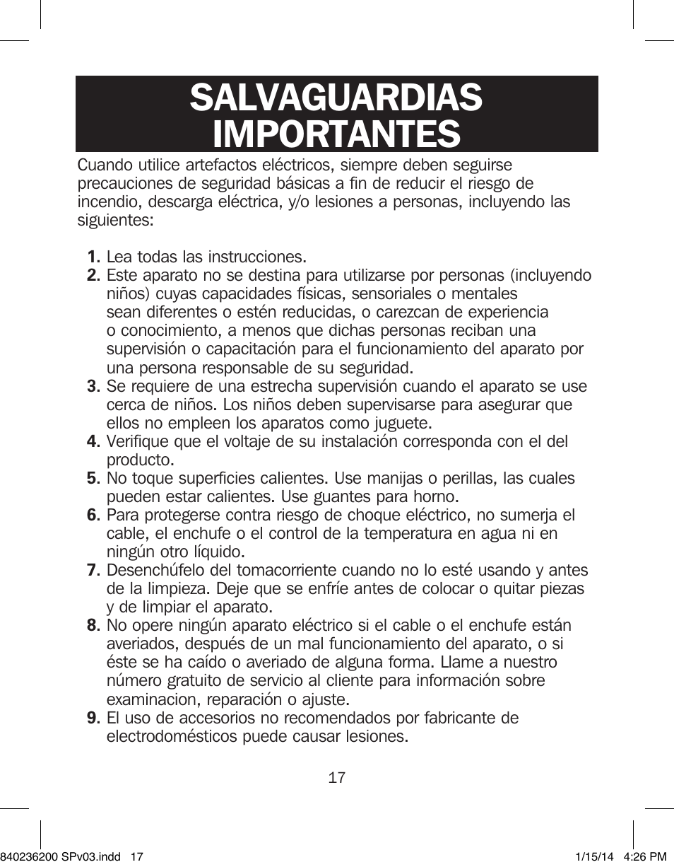 840236200 spv03, Salvaguardias importantes | Proctor-Silex Electric Skillet-38526 User Manual | Page 17 / 28
