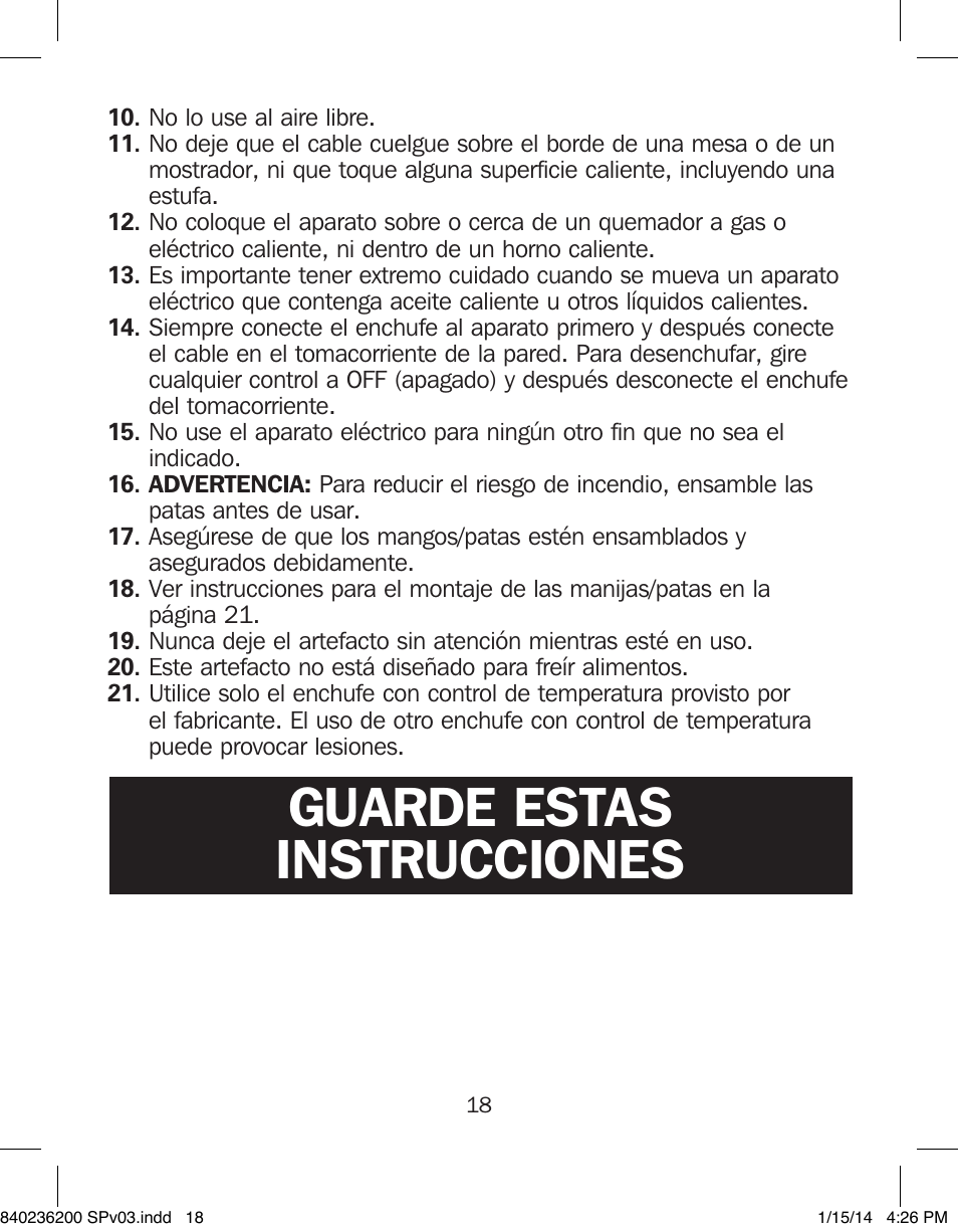 Guarde estas instrucciones | Proctor-Silex Electric Skillet-38526 User Manual | Page 18 / 28