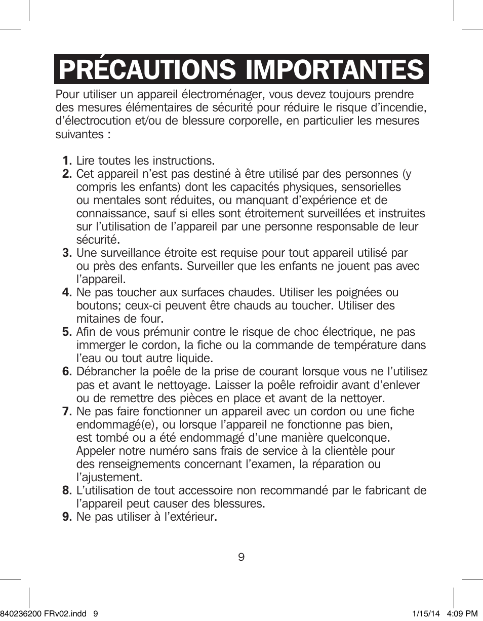 840236200 frv02, Précautions importantes | Proctor-Silex Electric Skillet-38526 User Manual | Page 9 / 28