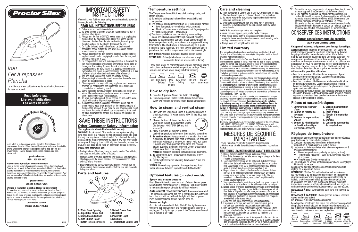 Proctor-Silex Steam Iron (gray)-17135YZ User Manual | 2 pages