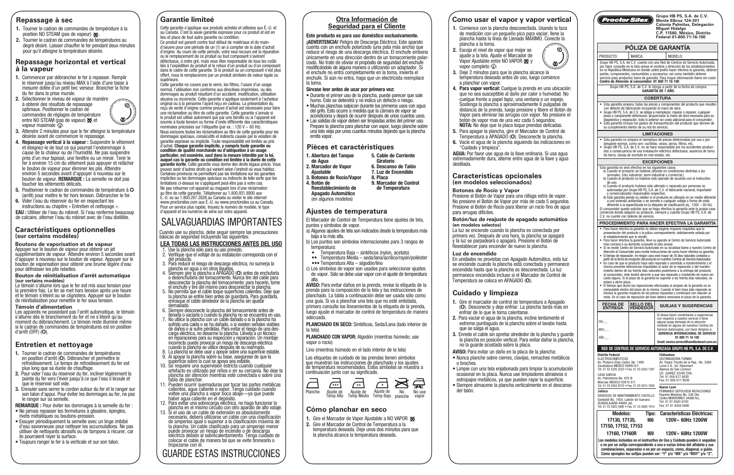 Salvaguardias importantes, Guarde estas instrucciones, Entretien et nettoyage | Caractéristiques optionnelles, Repassage à sec, Repassage horizontal et vertical à la vapeur, Pièces et caractéristiques, Ajustes de temperatura, Cómo planchar en seco, Cuidado y limpieza | Proctor-Silex Steam Iron (gray)-17135YZ User Manual | Page 2 / 2