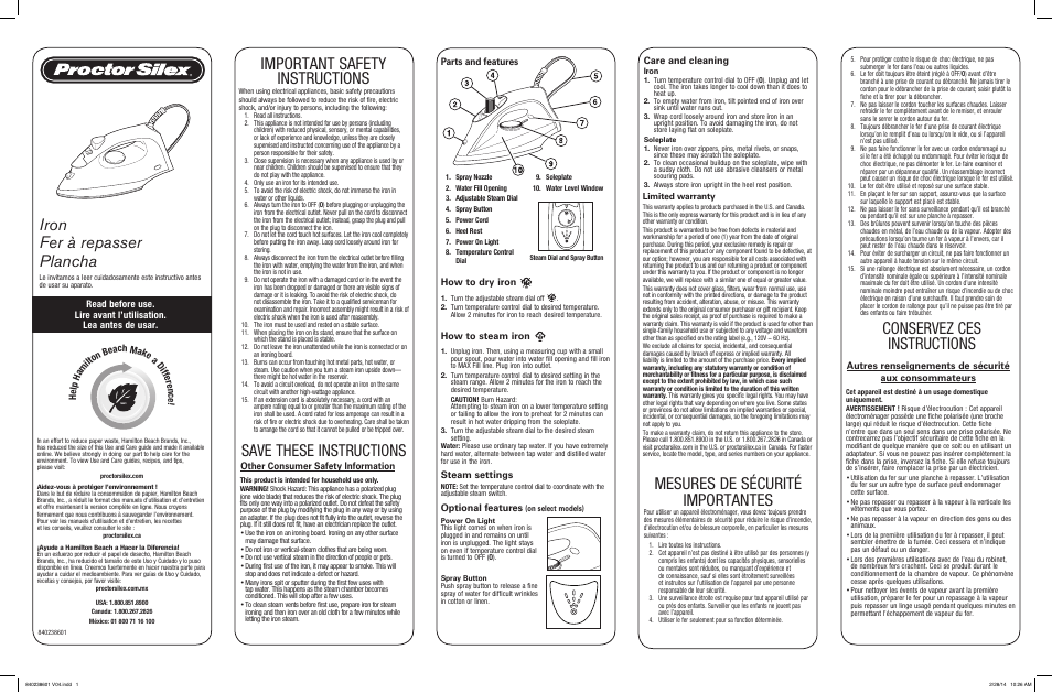 Proctor-Silex Nonstick Iron with Water Window-17291R User Manual | 2 pages