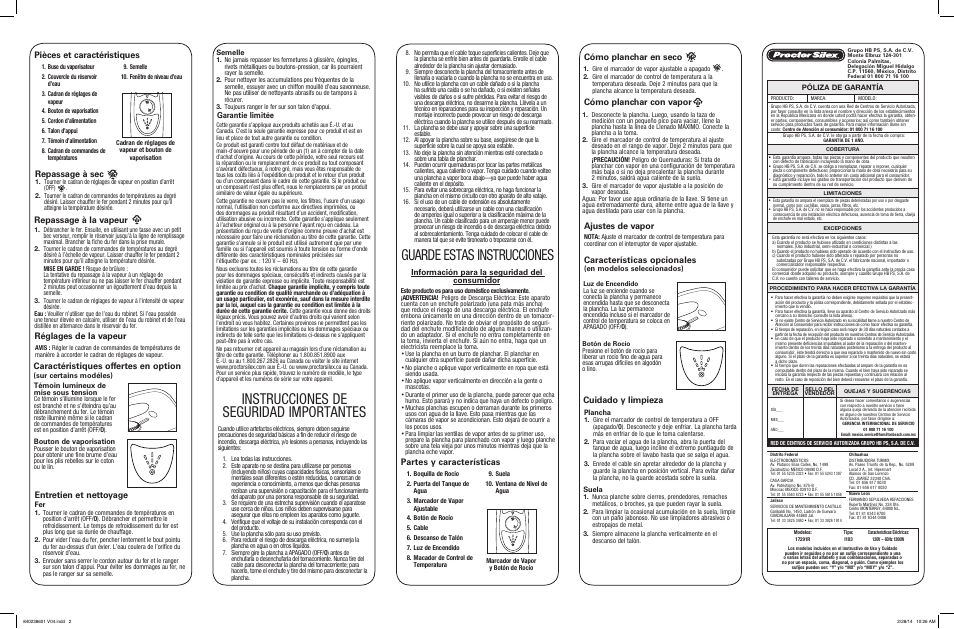 Guarde estas instrucciones, Instrucciones de seguridad importantes, Partes y características repassage à sec | Repassage à la vapeur, Réglages de la vapeur, Entretien et nettoyage, Cómo planchar en seco características opcionales, Cómo planchar con vapor, Ajustes de vapor, Pièces et caractéristiques | Proctor-Silex Nonstick Iron with Water Window-17291R User Manual | Page 2 / 2