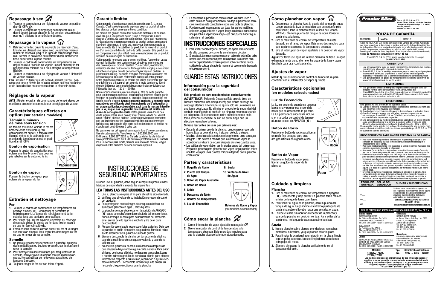 Guarde estas instrucciones, Instrucciones especiales, Instrucciones de seguridad importantes | Repassage à sec, Repassage à la vapeur, Réglages de la vapeur, Entretien et nettoyage, Cómo secar la plancha, Características opcionales, Cómo planchar con vapor | Proctor-Silex Nonstick Adjustable Steam Iron (teal)-17291Y User Manual | Page 2 / 2