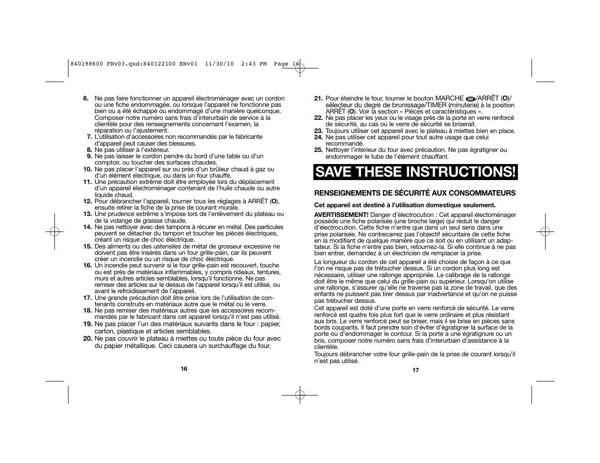 Save these instructions | Proctor-Silex Toaster Oven (white)-31119 User Manual | Page 10 / 25