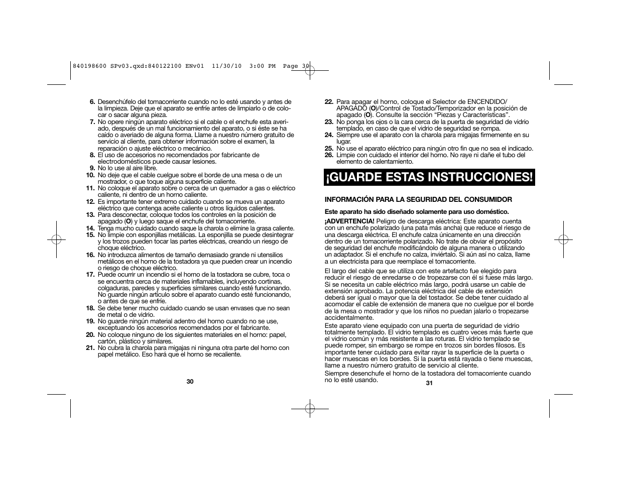 Guarde estas instrucciones | Proctor-Silex Toaster Oven (white)-31119 User Manual | Page 18 / 25