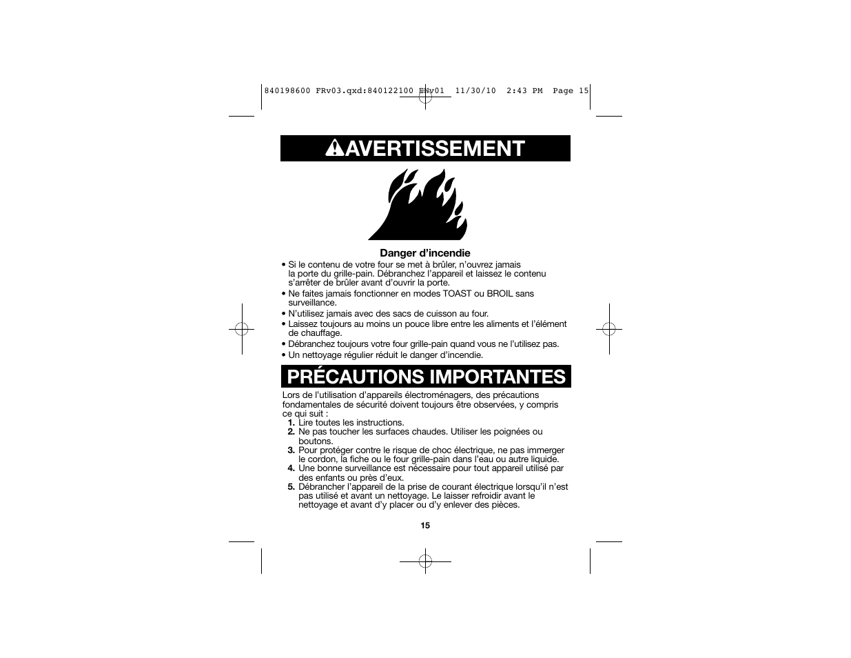 Wavertissement, Précautions importantes | Proctor-Silex Toaster Oven (white)-31119 User Manual | Page 9 / 25