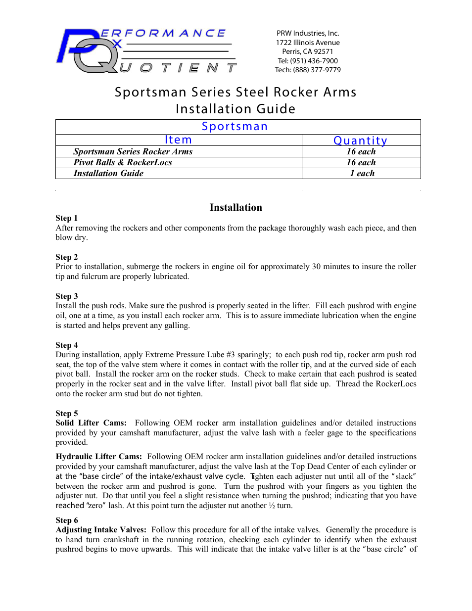 PRW 08 PRW Sportsman Series Steel Roller Tip Rocker Arms User Manual | 2 pages
