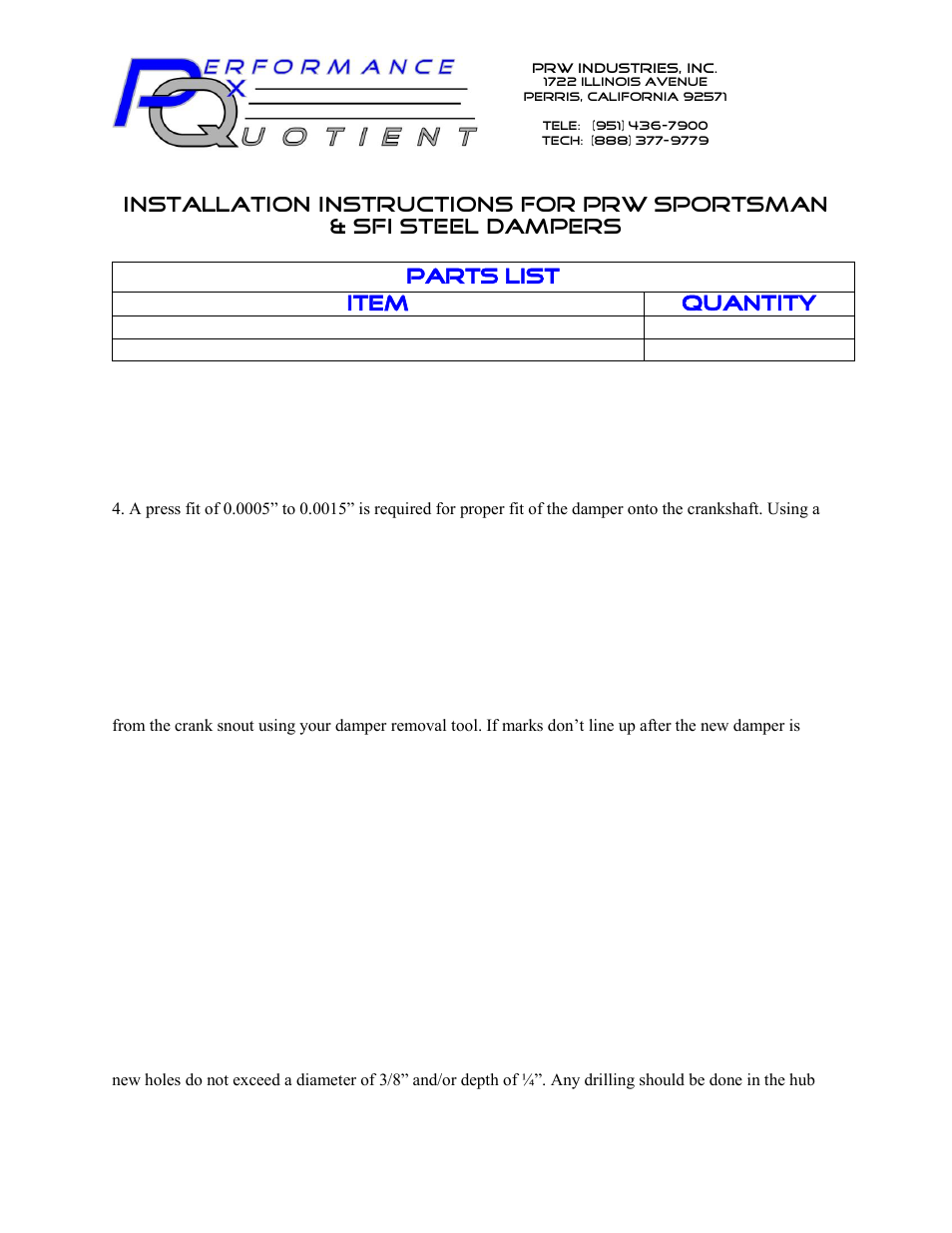 PRW 23-24 PRW Sportsman and PQ Series Steel Harmonic Dampers (SFI-Rated 18.1) User Manual | 2 pages