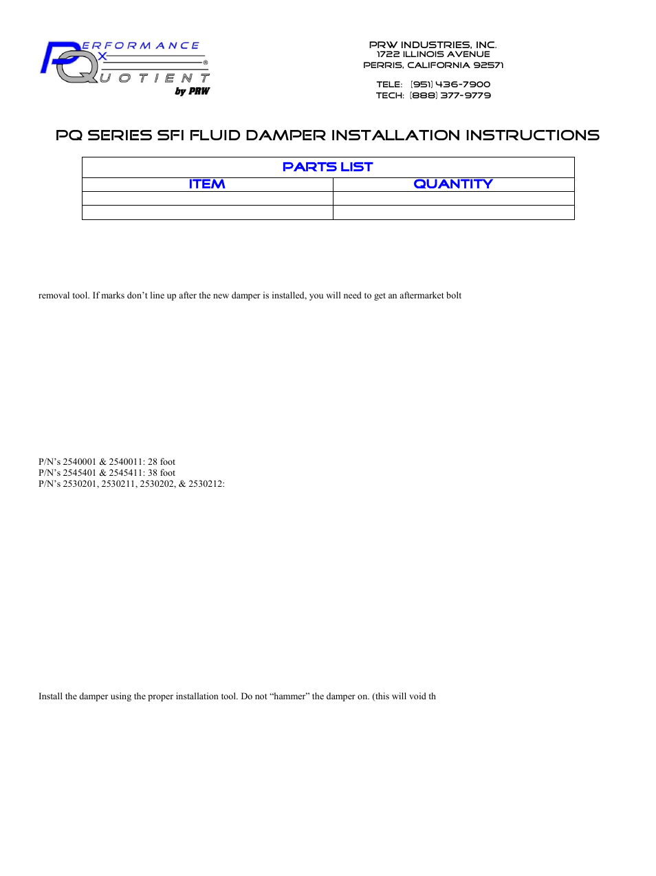 PRW 25 PQ Series Racing FluidGel Harmonic Damper (SFI-Rated 18.1) User Manual | 2 pages