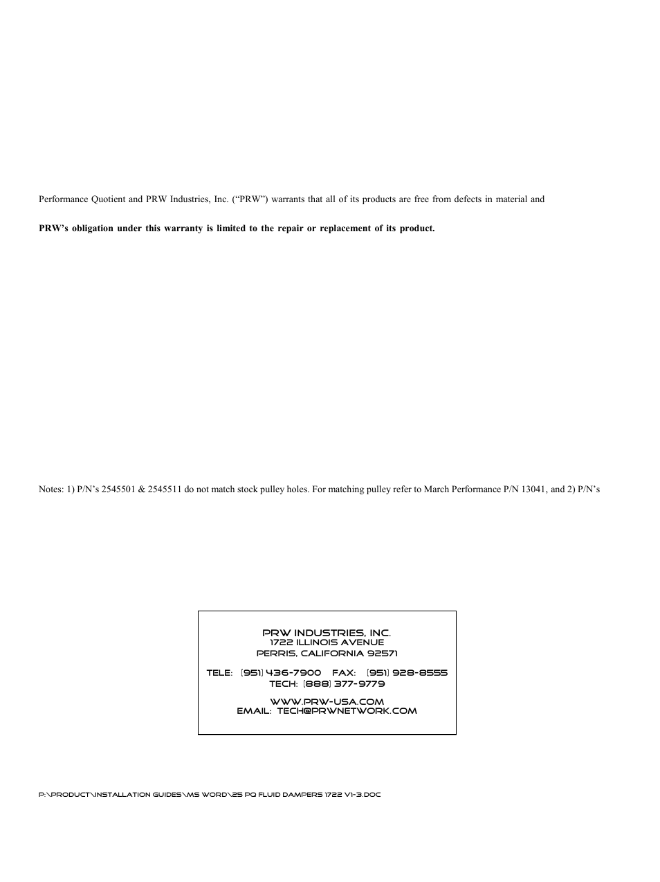 PRW 25 PQ Series Racing FluidGel Harmonic Damper (SFI-Rated 18.1) User Manual | Page 2 / 2