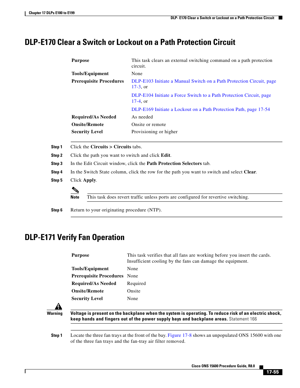 Dlp-e171 verify fan operation | Cisco 15600 User Manual | Page 55 / 78