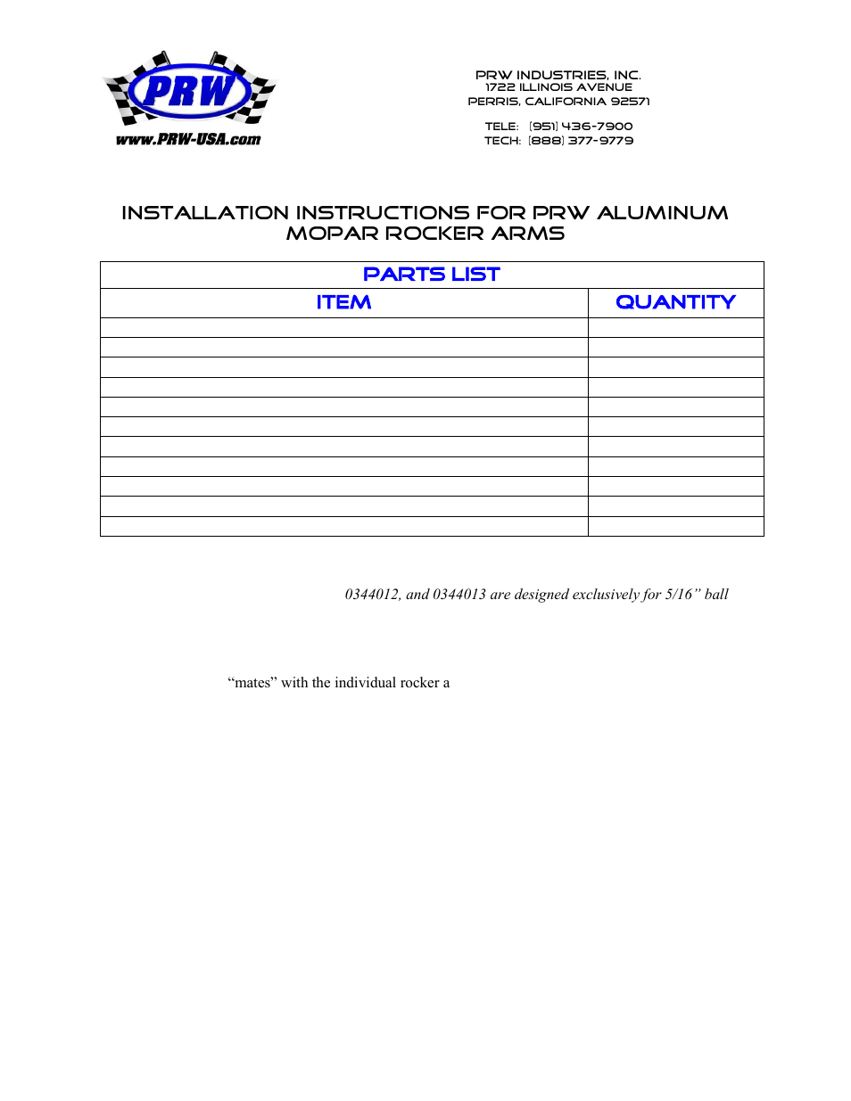 PRW 33 PQ Series Aluminum Mopar Shaft Mount Rocker User Manual | 2 pages