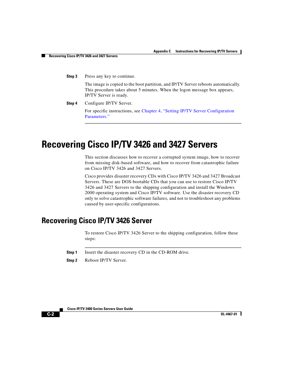 Recovering cisco ip/tv 3426 and 3427 servers, Recovering cisco ip/tv 3426 server | Cisco IP/TV 3400 Series User Manual | Page 114 / 126