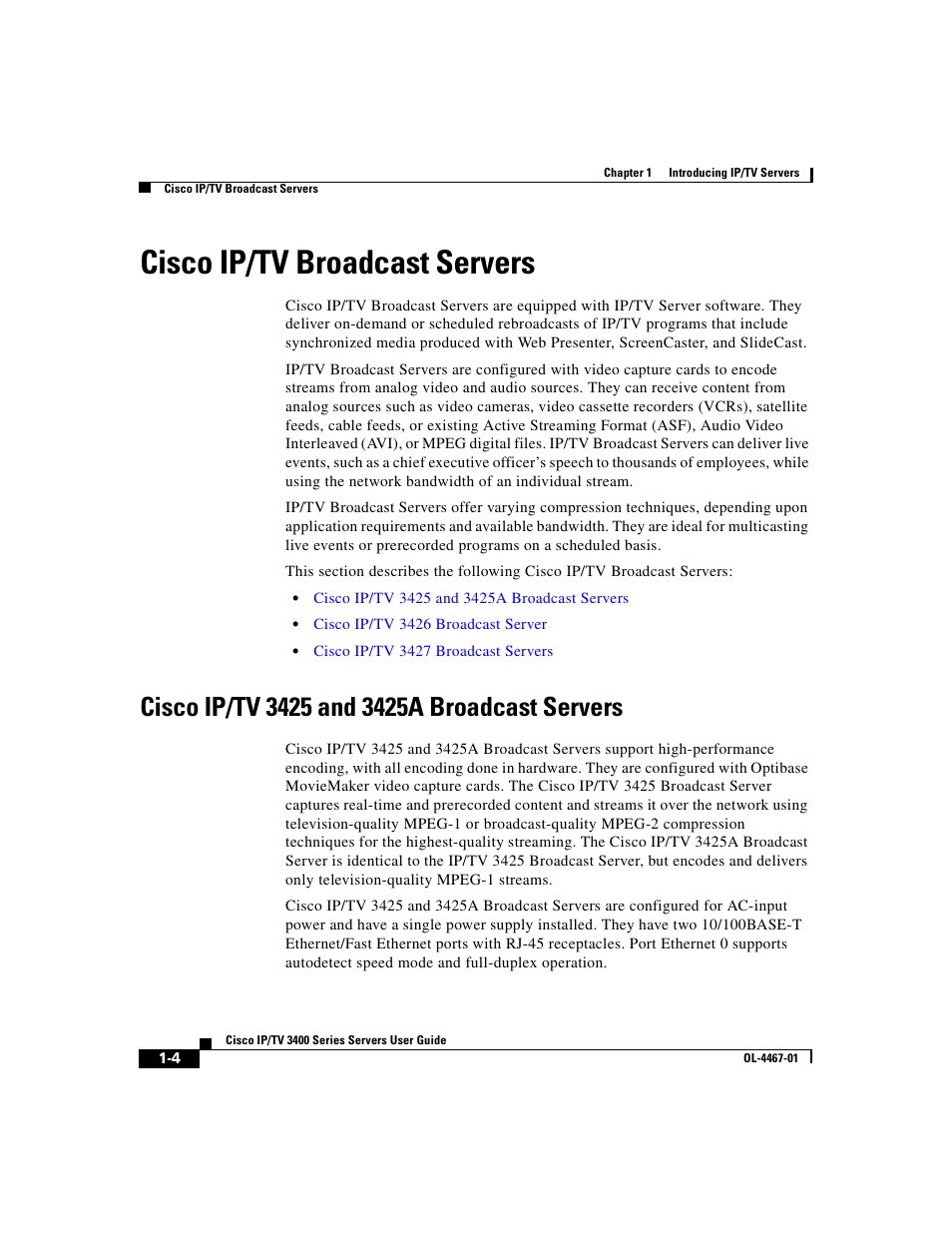 Cisco ip/tv broadcast servers, Cisco ip/tv 3425 and 3425a broadcast servers | Cisco IP/TV 3400 Series User Manual | Page 30 / 126