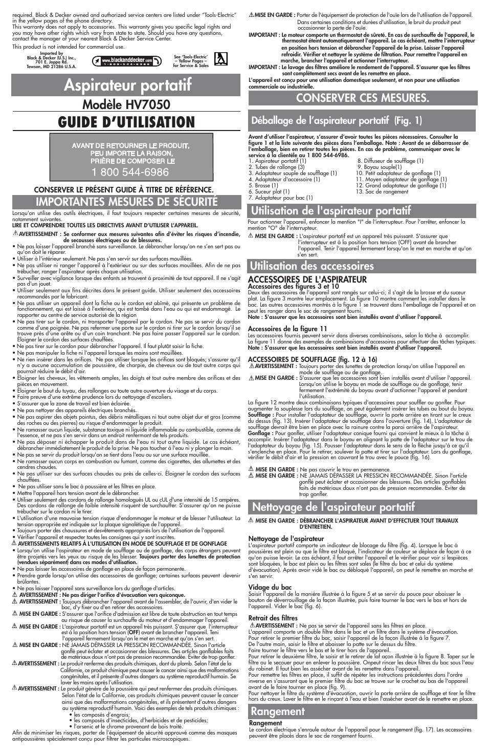Aspirateur portatif, Guide d’utilisation, Modèle hv7050 | Conserver ces mesures, Rangement, Déballage de l’aspirateur portatif (fig. 1), Accessoires de l'aspirateur | Cisco HV7050 User Manual | Page 3 / 5