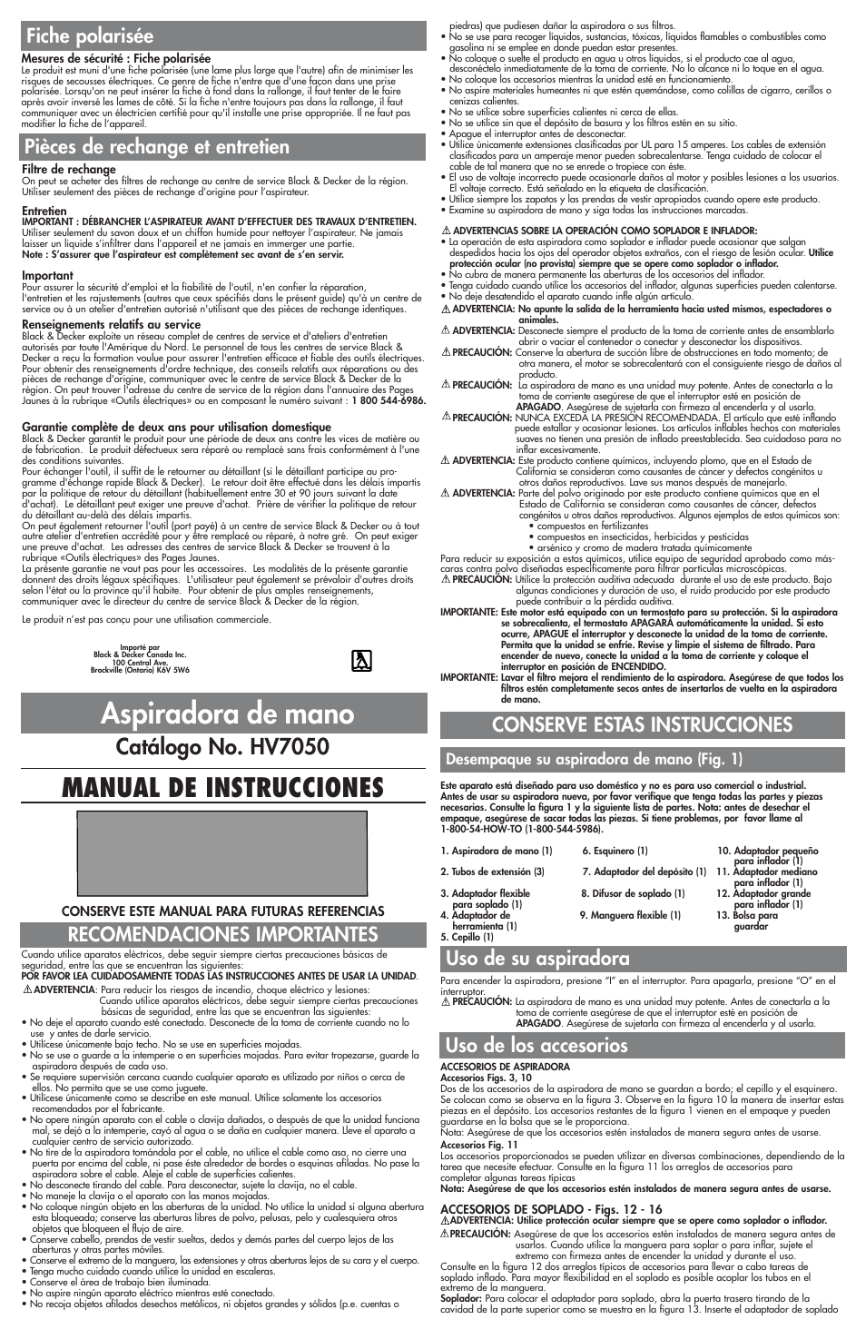 Aspiradora de mano, Manual de instrucciones, Catálogo no. hv7050 | Conserve estas instrucciones, Uso de su aspiradora, Recomendaciones importantes, Pièces de rechange et entretien, Uso de los accesorios fiche polarisée, Desempaque su aspiradora de mano (fig. 1) | Cisco HV7050 User Manual | Page 4 / 5