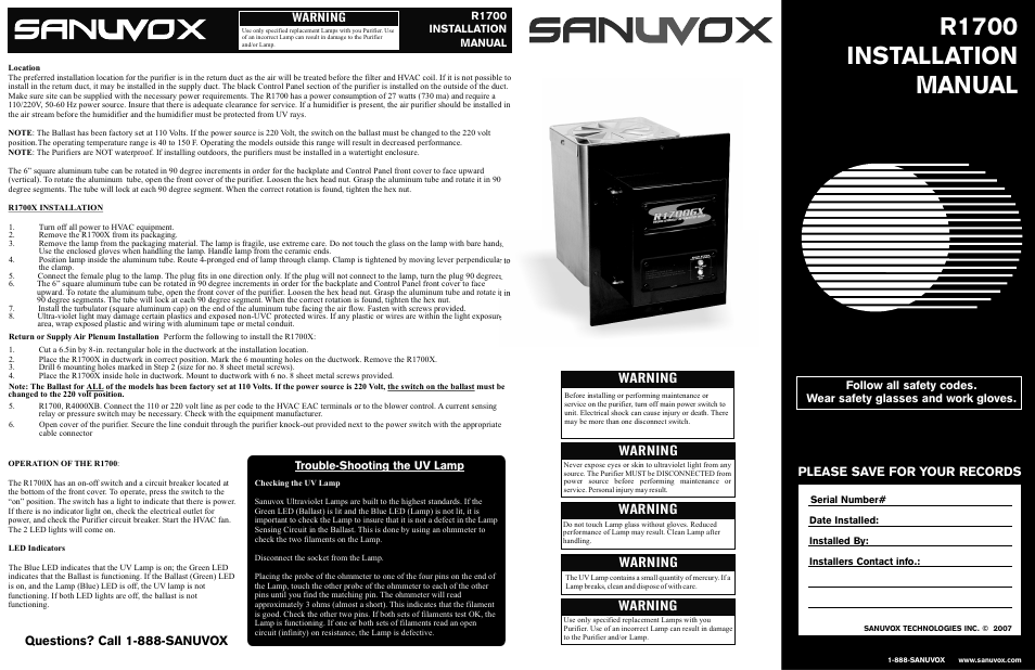 Sanuvox R1700GX User Manual | 2 pages