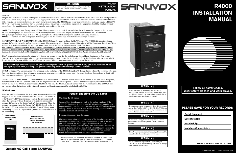 Sanuvox R4000GX User Manual | 2 pages