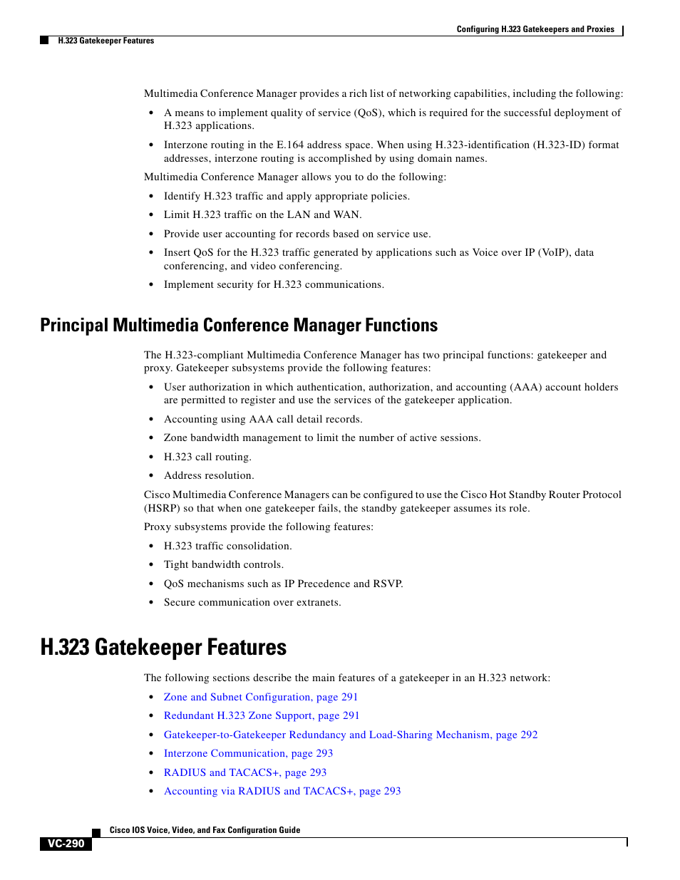 Principal multimedia conference manager functions, H.323 gatekeeper features | Cisco H.323 VC-289 User Manual | Page 2 / 76