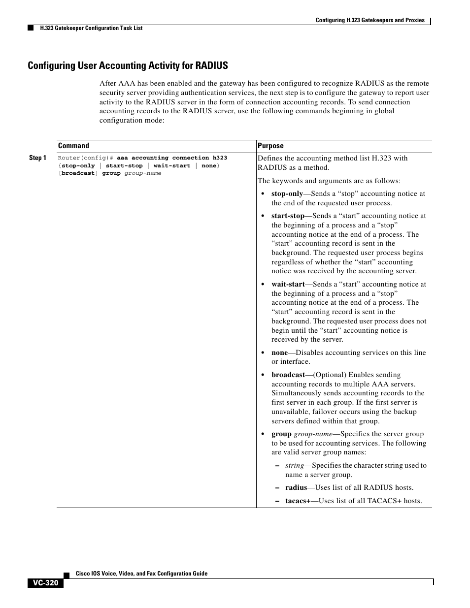 Configuring user accounting activity for radius | Cisco H.323 VC-289 User Manual | Page 32 / 76