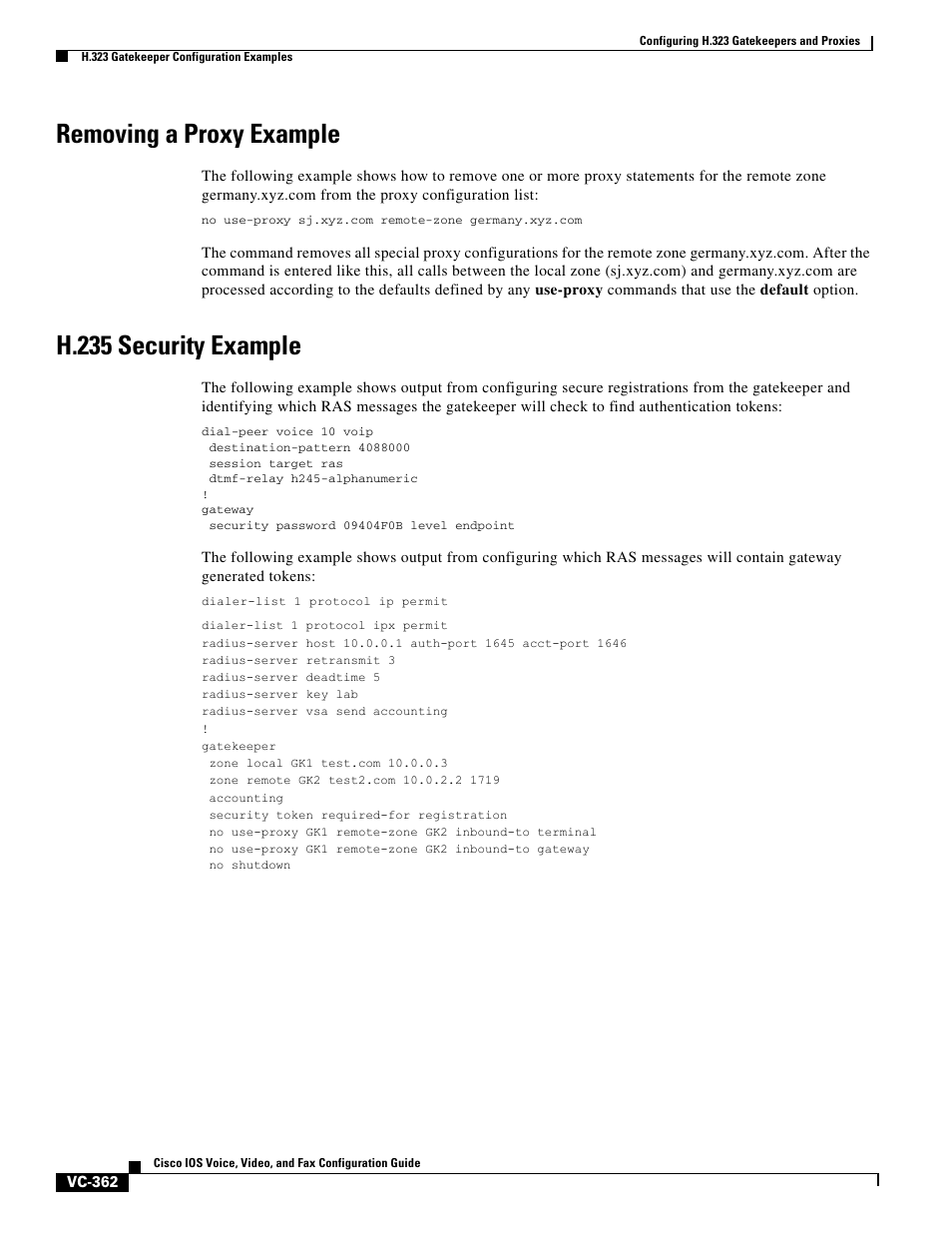 Removing a proxy example, H.235 security example | Cisco H.323 VC-289 User Manual | Page 74 / 76