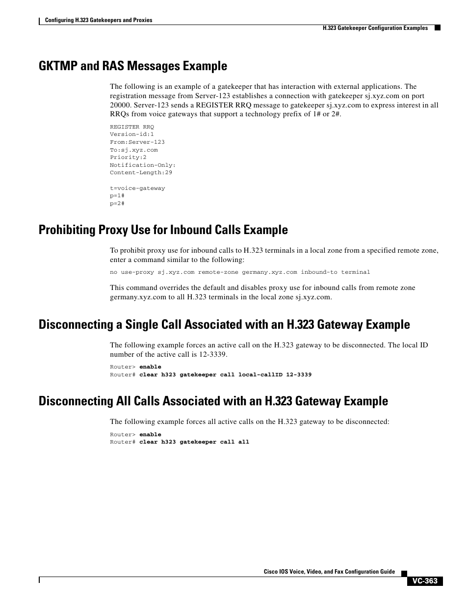 Gktmp and ras messages example, Prohibiting proxy use for inbound calls example | Cisco H.323 VC-289 User Manual | Page 75 / 76