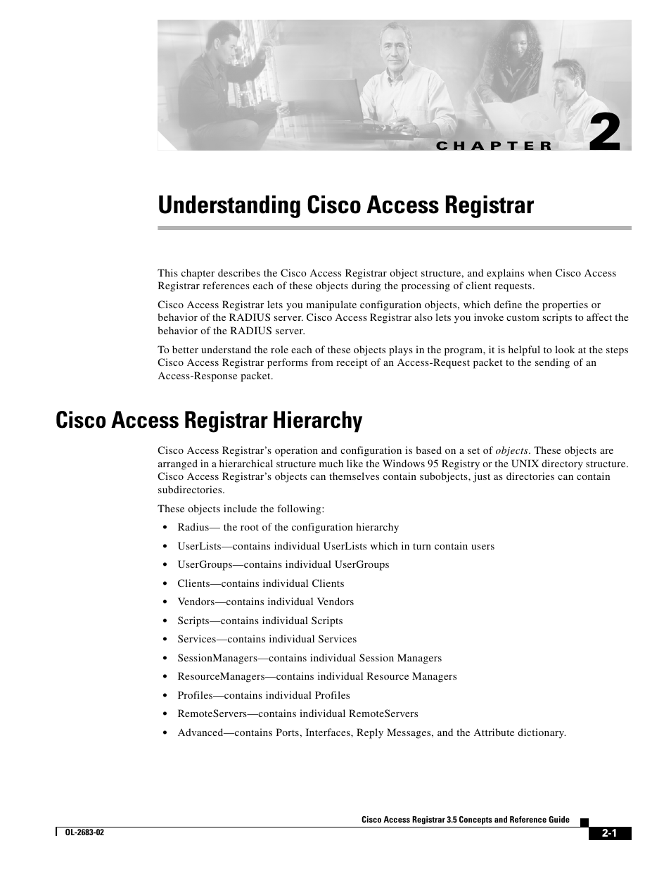 Understanding cisco access registrar, Cisco access registrar hierarchy, C h a p t e r | Chapter 2, “understanding cisco access registrar, Describes the | Cisco Cisco Access Registrar 3.5 User Manual | Page 19 / 80