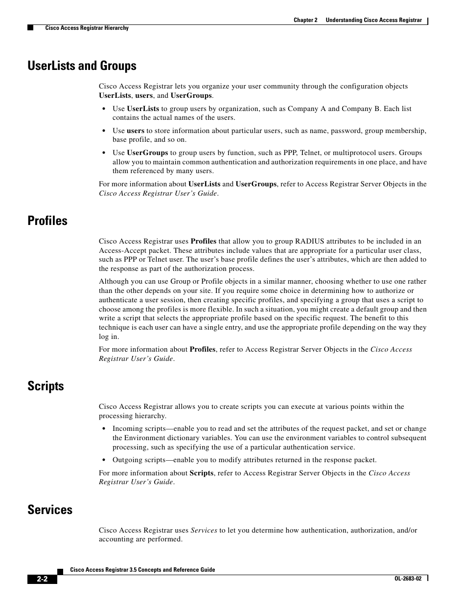 Userlists and groups, Profiles, Scripts | Services | Cisco Cisco Access Registrar 3.5 User Manual | Page 20 / 80