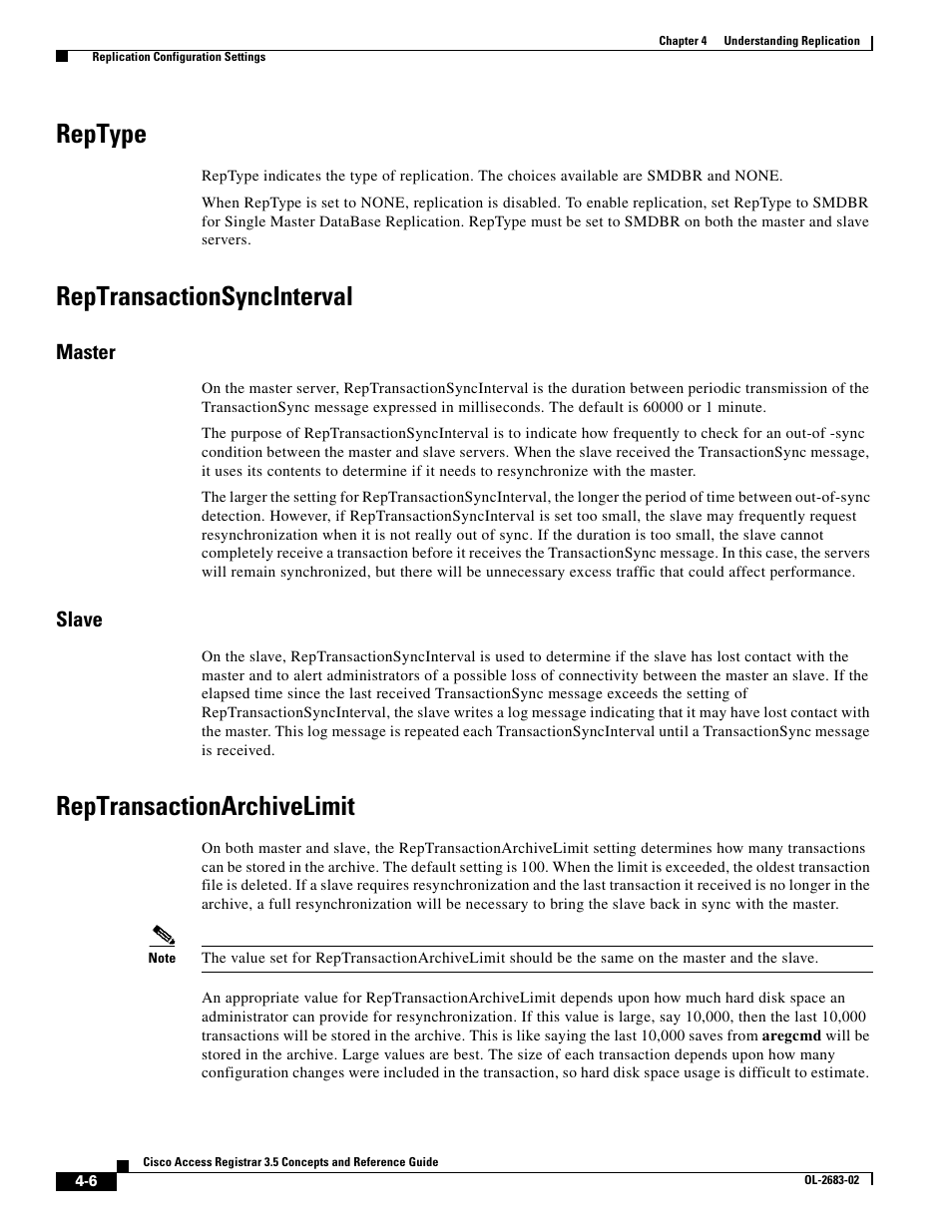 Reptype, Reptransactionsyncinterval, Master | Slave, Reptransactionarchivelimit | Cisco Cisco Access Registrar 3.5 User Manual | Page 44 / 80