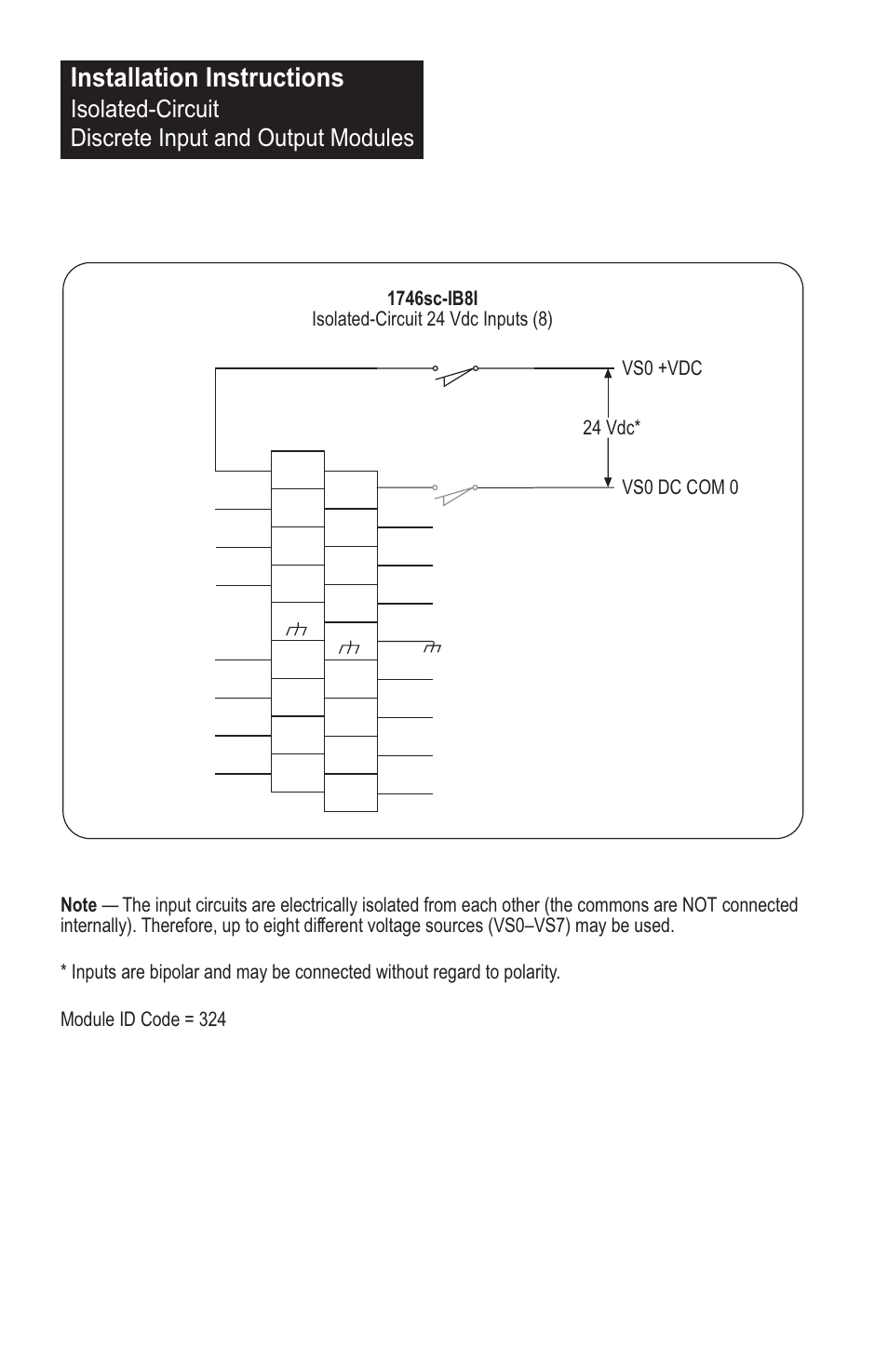 Installation instructions, Isolated-circuit discrete input and output modules, Vs0 dc com 0 vs0 +vdc | 24 vdc | Spectrum Controls 1746sc-OAP8I User Manual | Page 20 / 27
