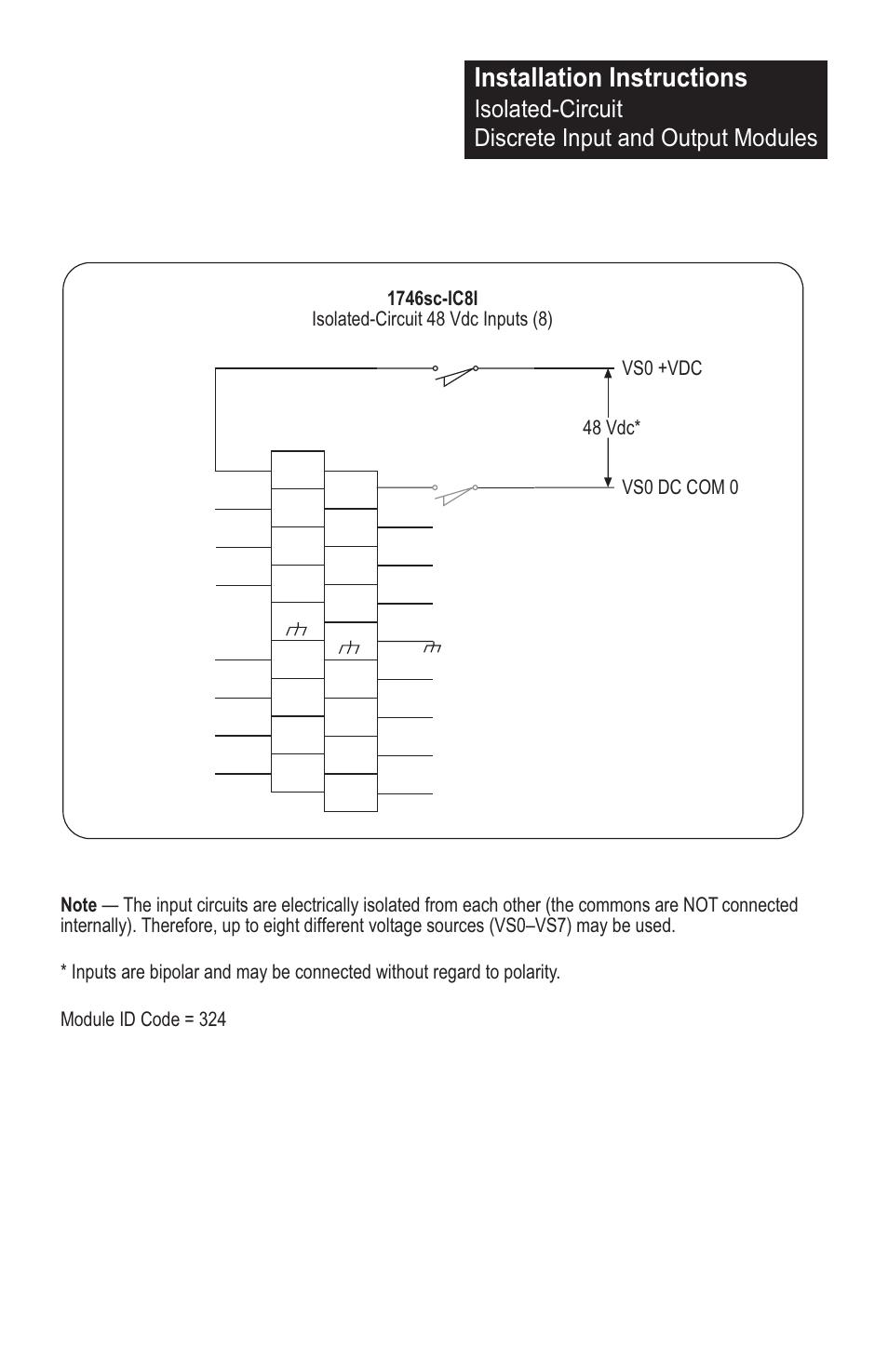 Installation instructions, Isolated-circuit discrete input and output modules, Vs0 dc com 0 vs0 +vdc | 48 vdc | Spectrum Controls 1746sc-OAP8I User Manual | Page 21 / 27