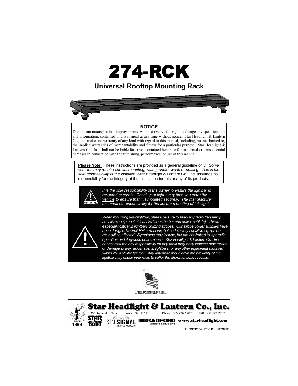 Star Headlight & Lantern 274-RCK - STAR-RACK User Manual | 4 pages