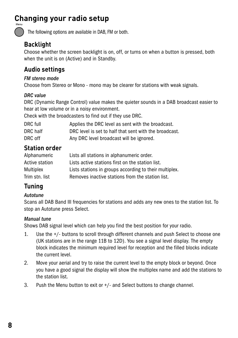 Changing your radio setup, Backlight, Audio settings | Station order, Tuning | Pure Elan DX40 User Manual | Page 10 / 14