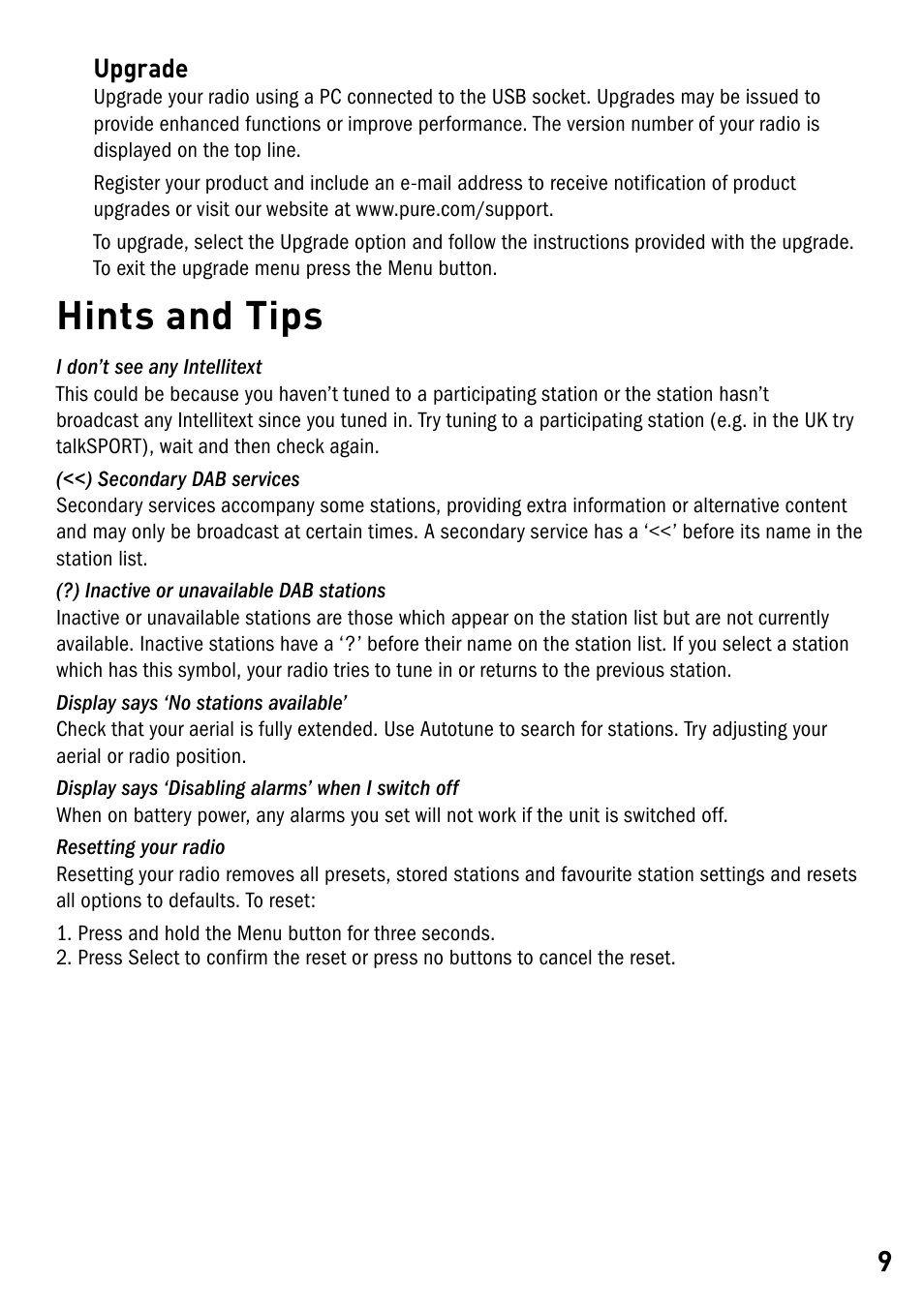 Hints and tips | Pure Elan DX40 User Manual | Page 11 / 14