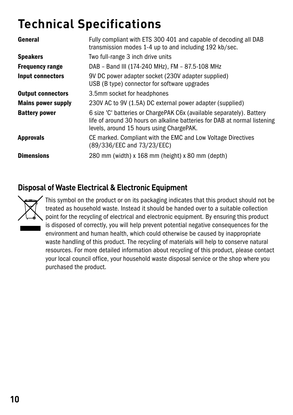 Technical specifications | Pure Elan DX40 User Manual | Page 12 / 14