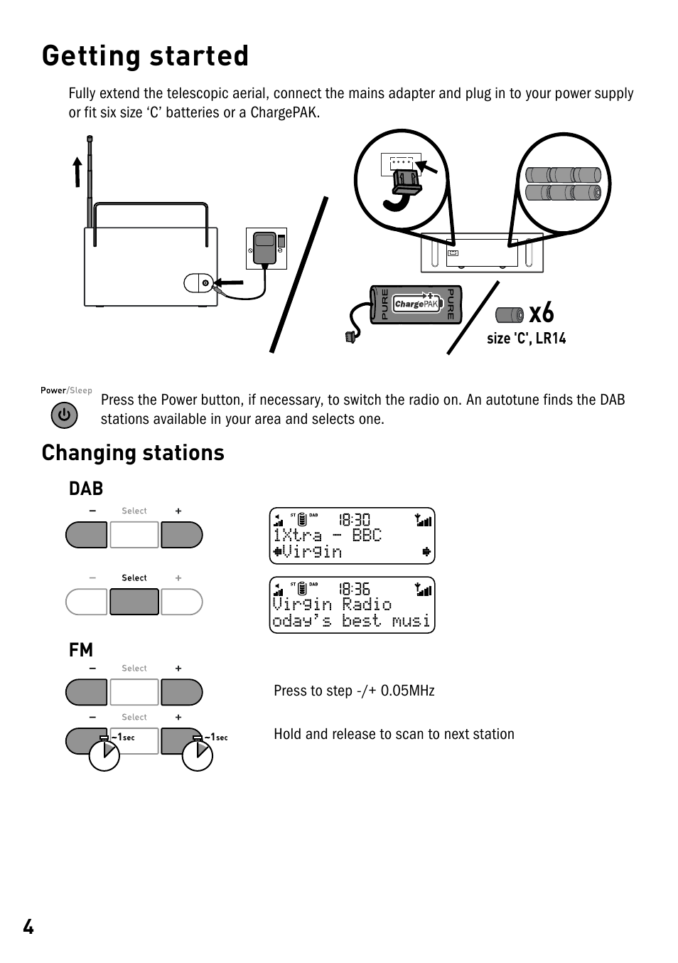 Getting started, Changing stations | Pure Elan DX40 User Manual | Page 6 / 14