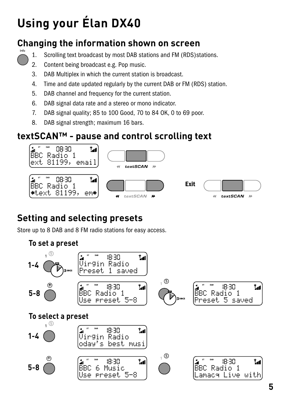 Using your élan dx40, Changing the information shown on screen, Textscan™ - pause and control scrolling text | Setting and selecting presets | Pure Elan DX40 User Manual | Page 7 / 14