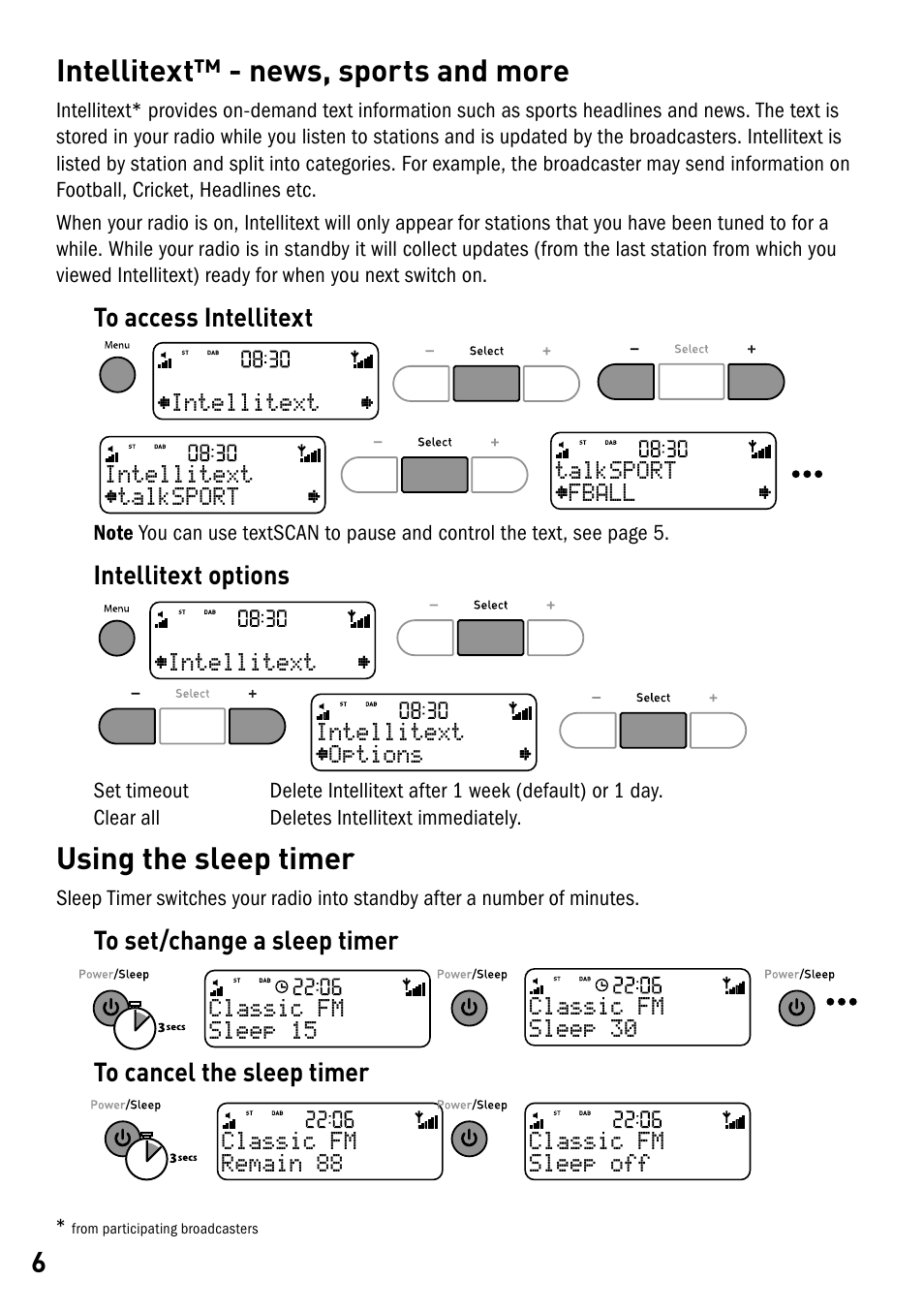 Intellitext™ - news, sports and more, Using the sleep timer | Pure Elan DX40 User Manual | Page 8 / 14
