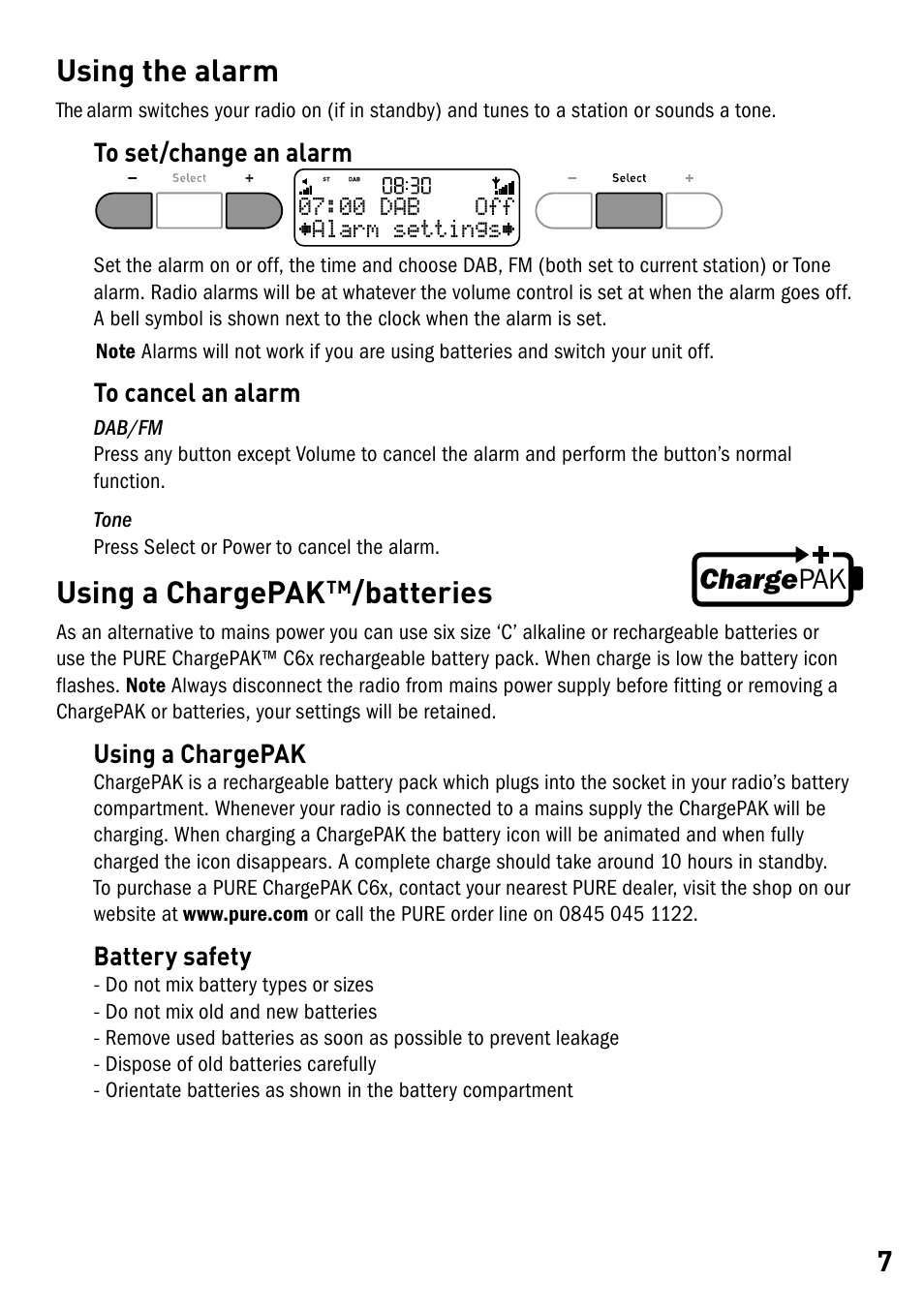 Using the alarm, Using a chargepaktm/batteries, Using the alarm using a chargepak | Batteries, Using a chargepak, Charge pak | Pure Elan DX40 User Manual | Page 9 / 14