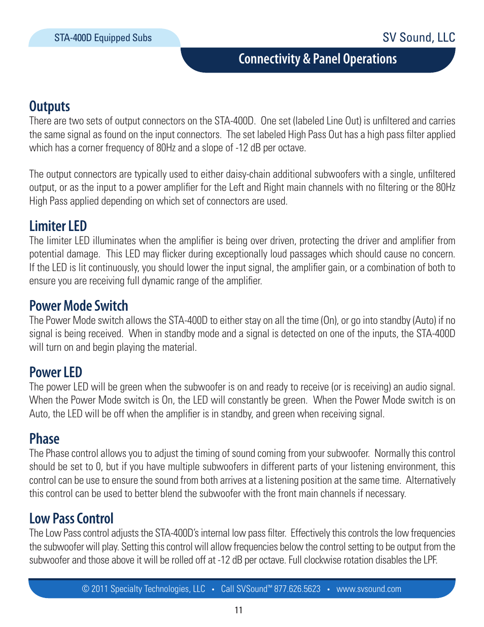 Outputs, Limiter led, Power mode switch | Power led, Phase, Low pass control, Connectivity & panel operations | SVS PB12-NSD User Manual | Page 11 / 18