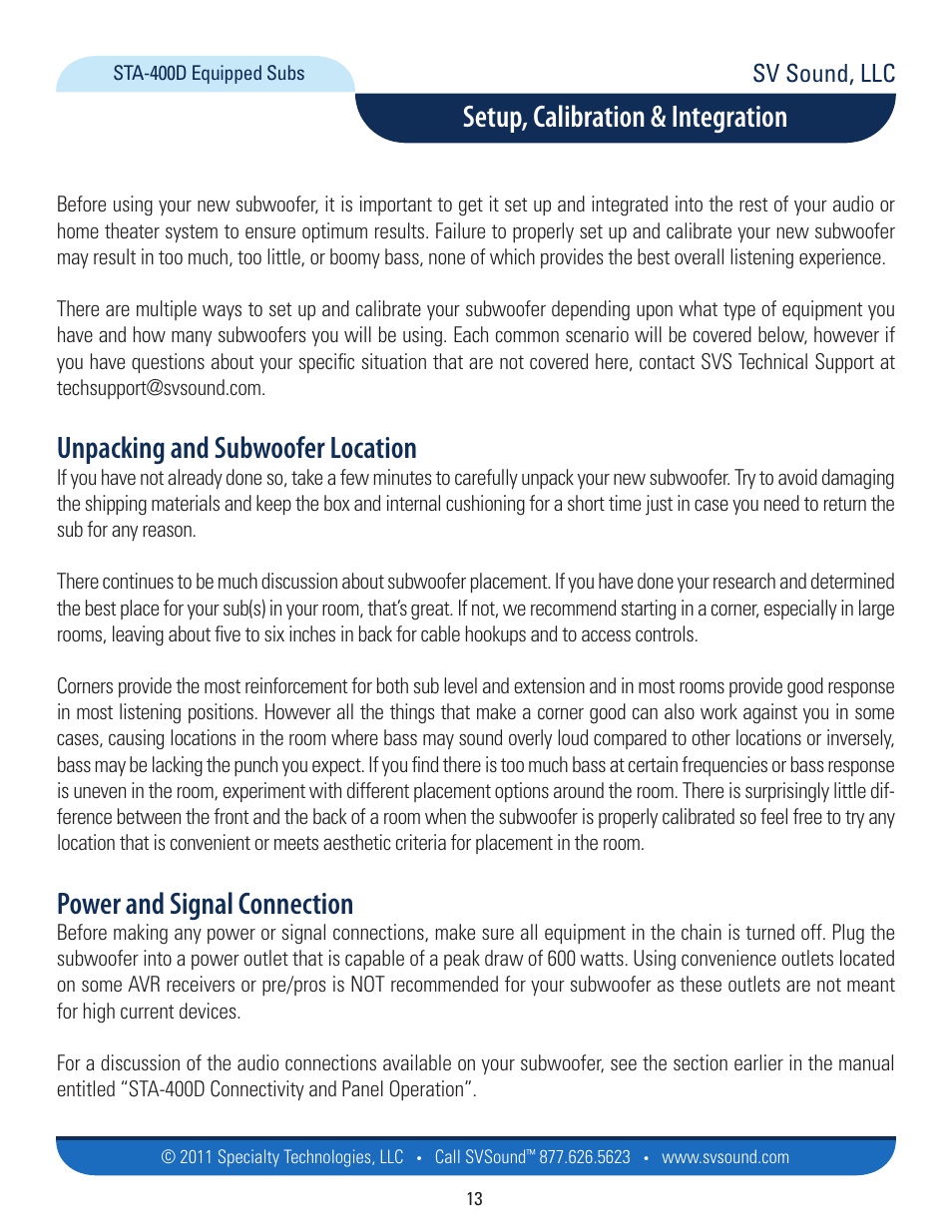 Setup, calibration & integration, Unpacking and subwoofer location, Power and signal connection | Sv sound, llc | SVS PB12-NSD User Manual | Page 13 / 18